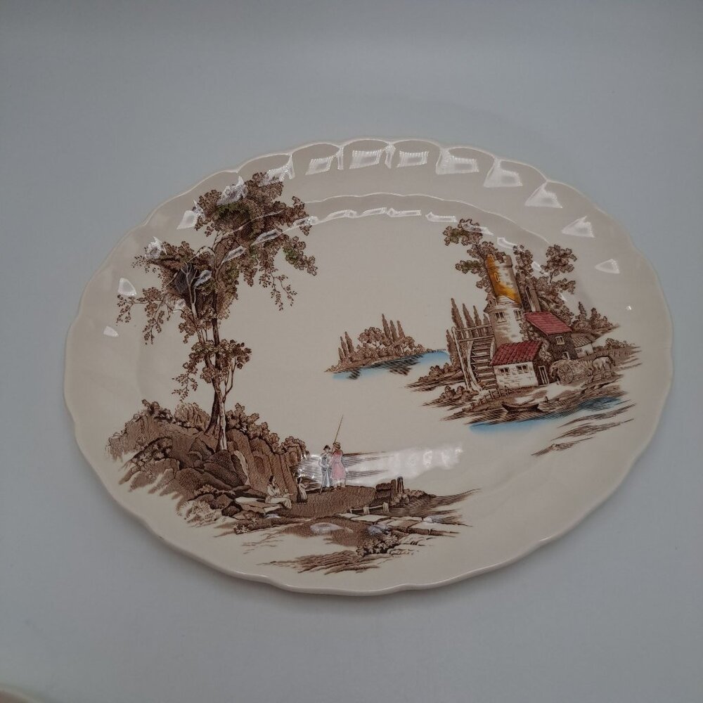 Vintage Johnson Brothers The Old Mill Oval Serving Platter  Brown & Blue